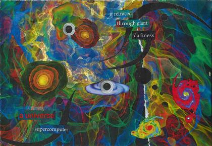 collage: galaxies and planets are floating in a psychedelic colour wave
