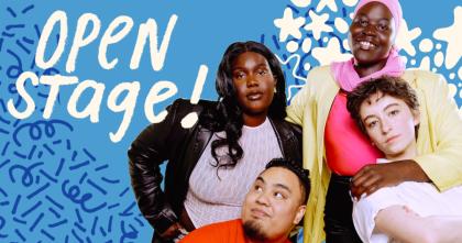 Text says Open Stage! The banner image shows four of the artists posing together.
