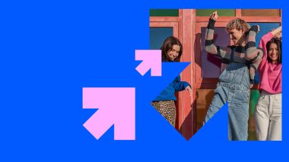 Young people dancing in front of colourful doors, surrounded by a Future Reset branded frame