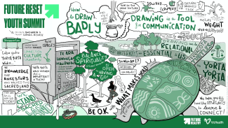 An illustration of a turtle, trees and land communicating the things that are important to the Yorta Yorta people