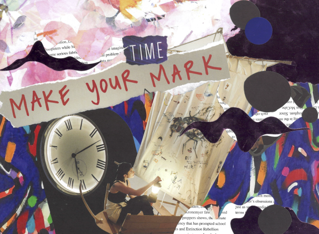 a colourful collage, a person is in a wooden boat holding a lantern. text: Time. Make Your Mark.