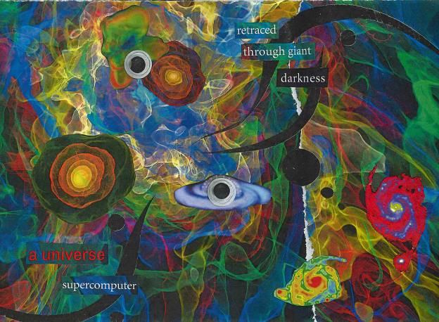 collage: galaxies and planets are floating in a psychedelic colour wave