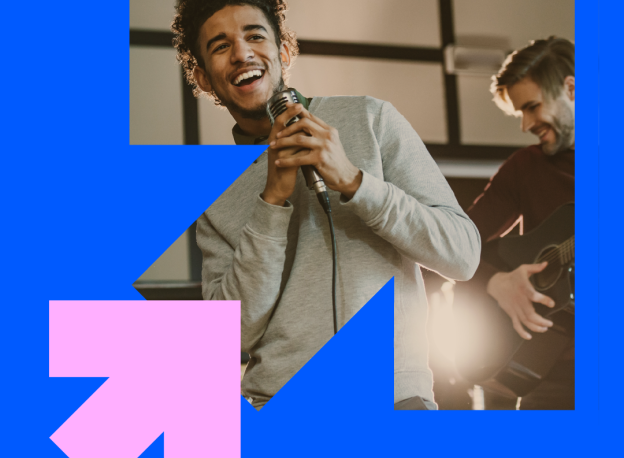 Two young people singing and playing guitar, surrounded by a Future Reset branded frame