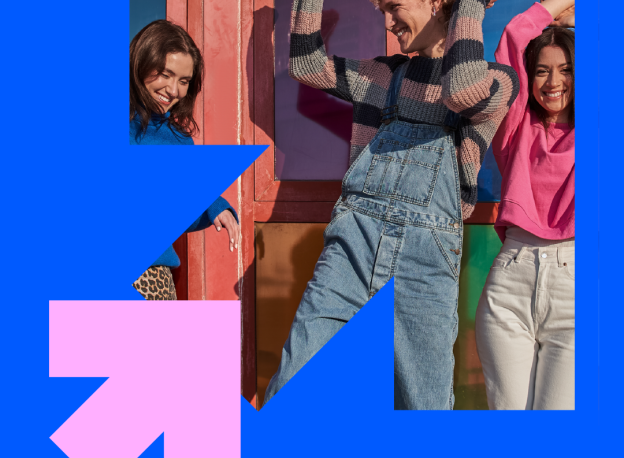 Young people dancing in front of colourful doors, surrounded by a Future Reset branded frame